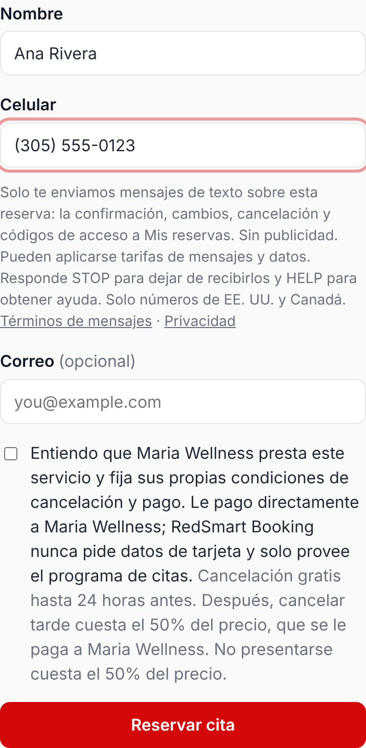 El formulario de reserva de RedSmart Booking. Bajo el campo Celular dice: Solo te enviamos mensajes de texto sobre esta reserva: la confirmación, cambios, cancelación y códigos de acceso a Mis reservas. Sin publicidad. Pueden aplicarse tarifas de mensajes y datos. Responde STOP para dejar de recibirlos y HELP para obtener ayuda. Solo números de EE. UU. y Canadá.