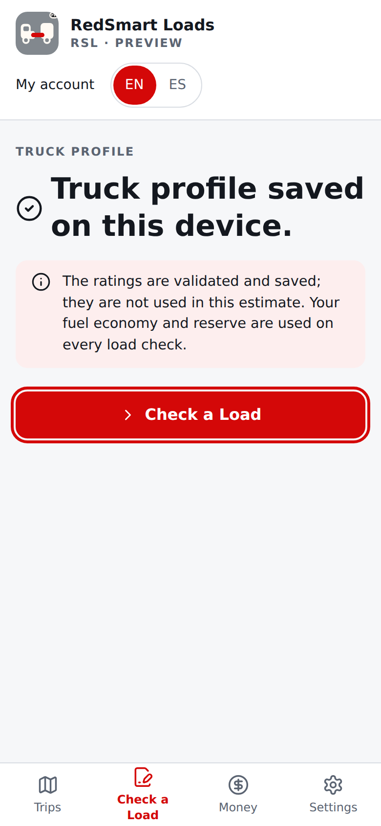 Current English truck profile saved confirmation