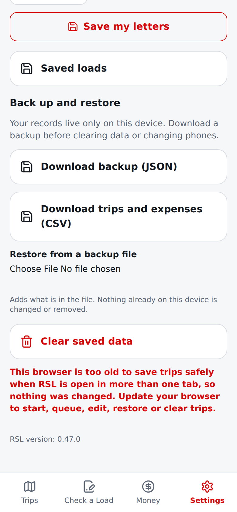 Current English Clear saved data in that browser: nothing is cleared and the page says why