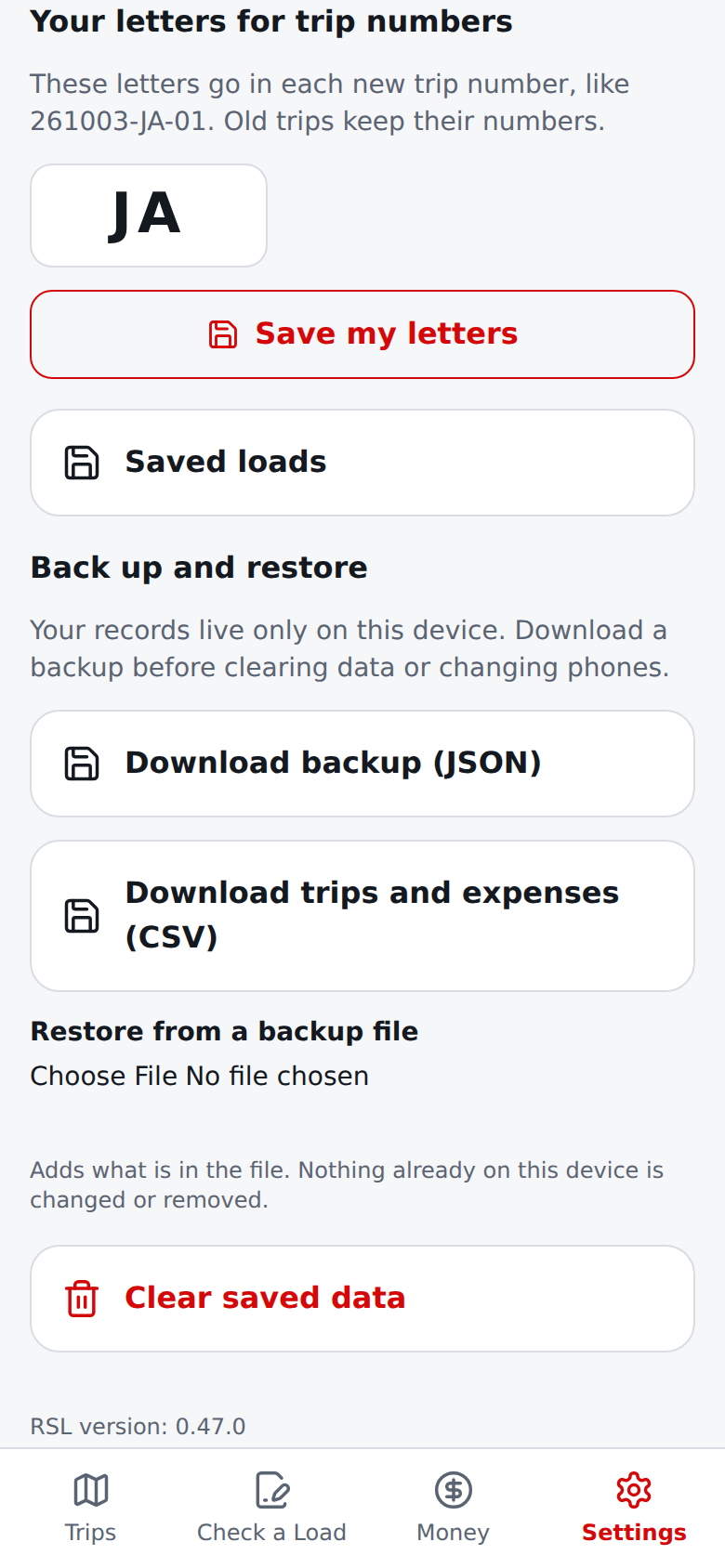 Current English Settings page with Your letters for trip numbers