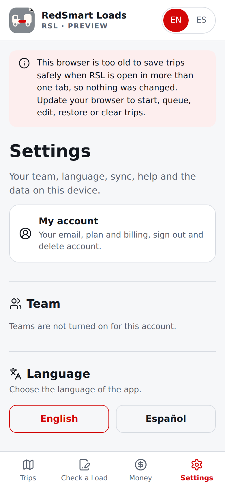 Current English Settings page in a browser without Web Locks: a notice under the header says trips cannot be changed safely