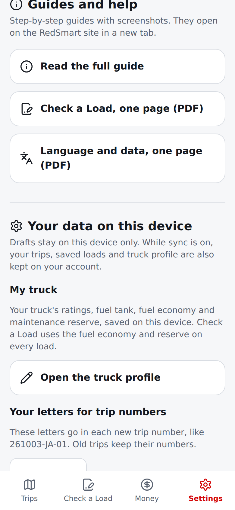 Current English Settings page with sync on: the backup note and the data note say records are also kept on your account