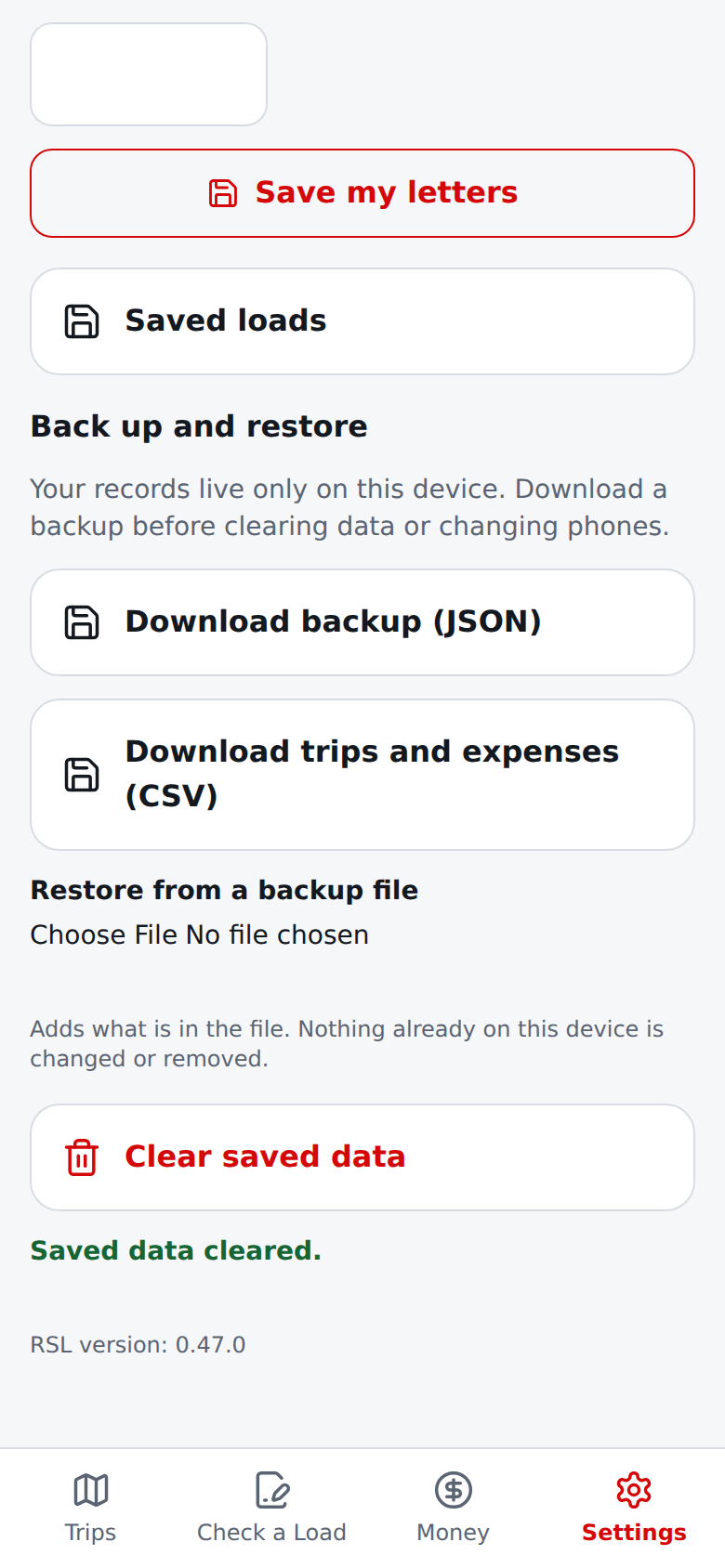 Current English Settings screen after clearing saved data