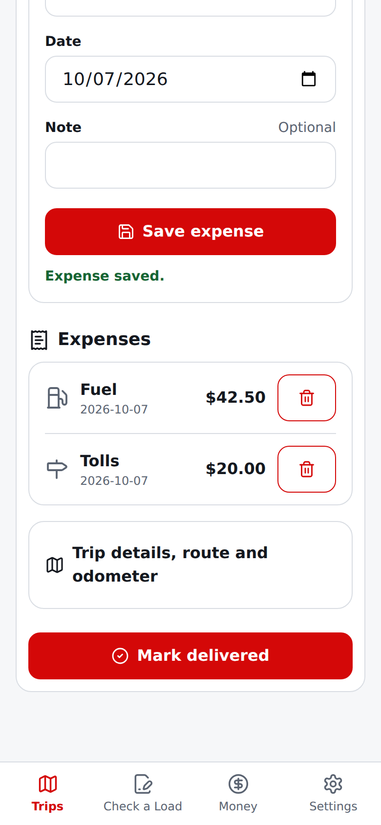 Current English Trips: the trip on the road is open with Plan beside Real and two synthetic expenses