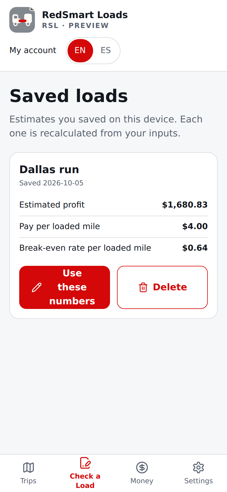 Current English Saved loads with one synthetic check
