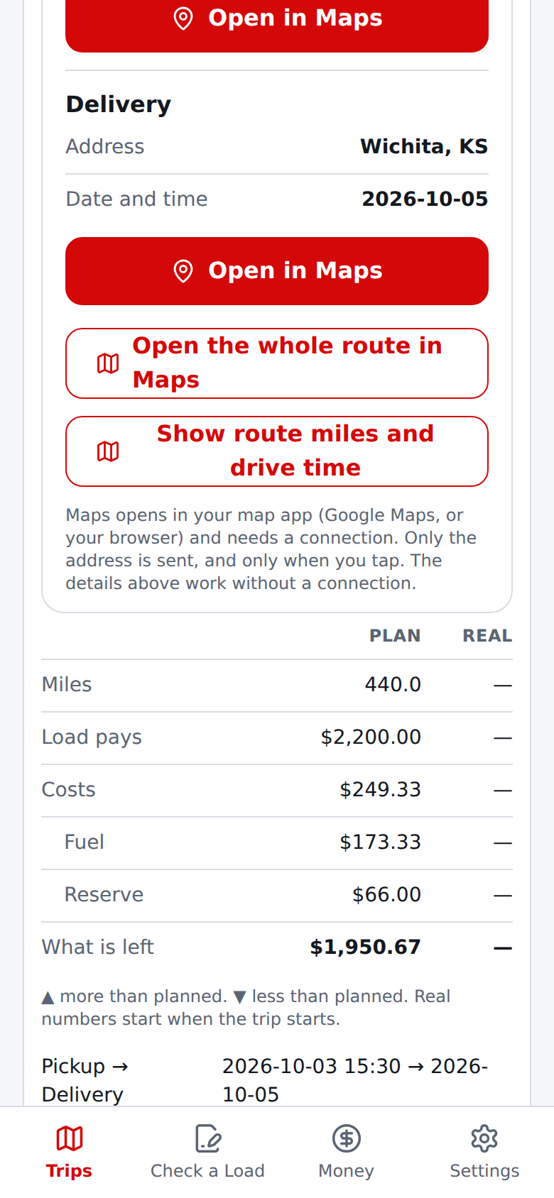 Current English Trips: a load in Next, opened, with its timing check and Start this trip