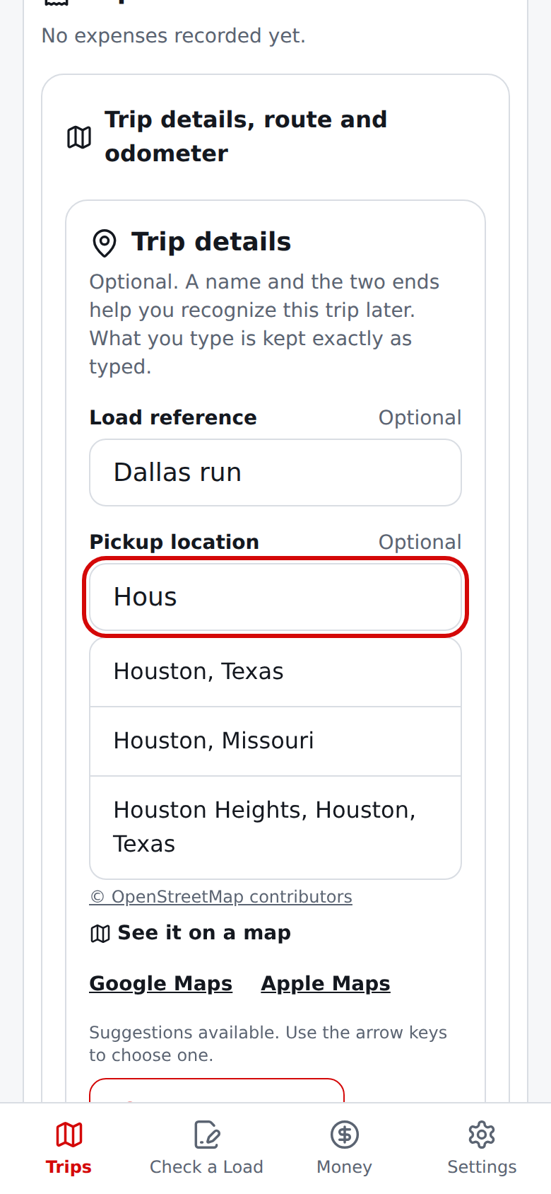 Current English Trip details with place suggestions while typing a pickup location