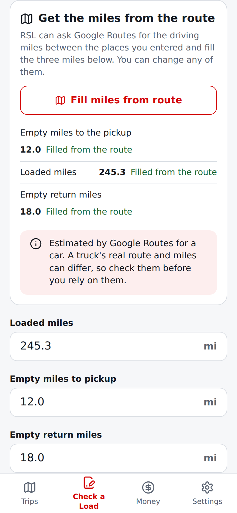 Current English miles question with the route miles filled in