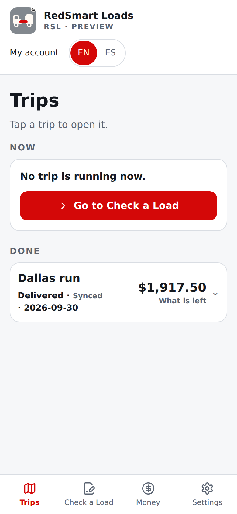 Current English Trips page with a Synced label on a delivered trip