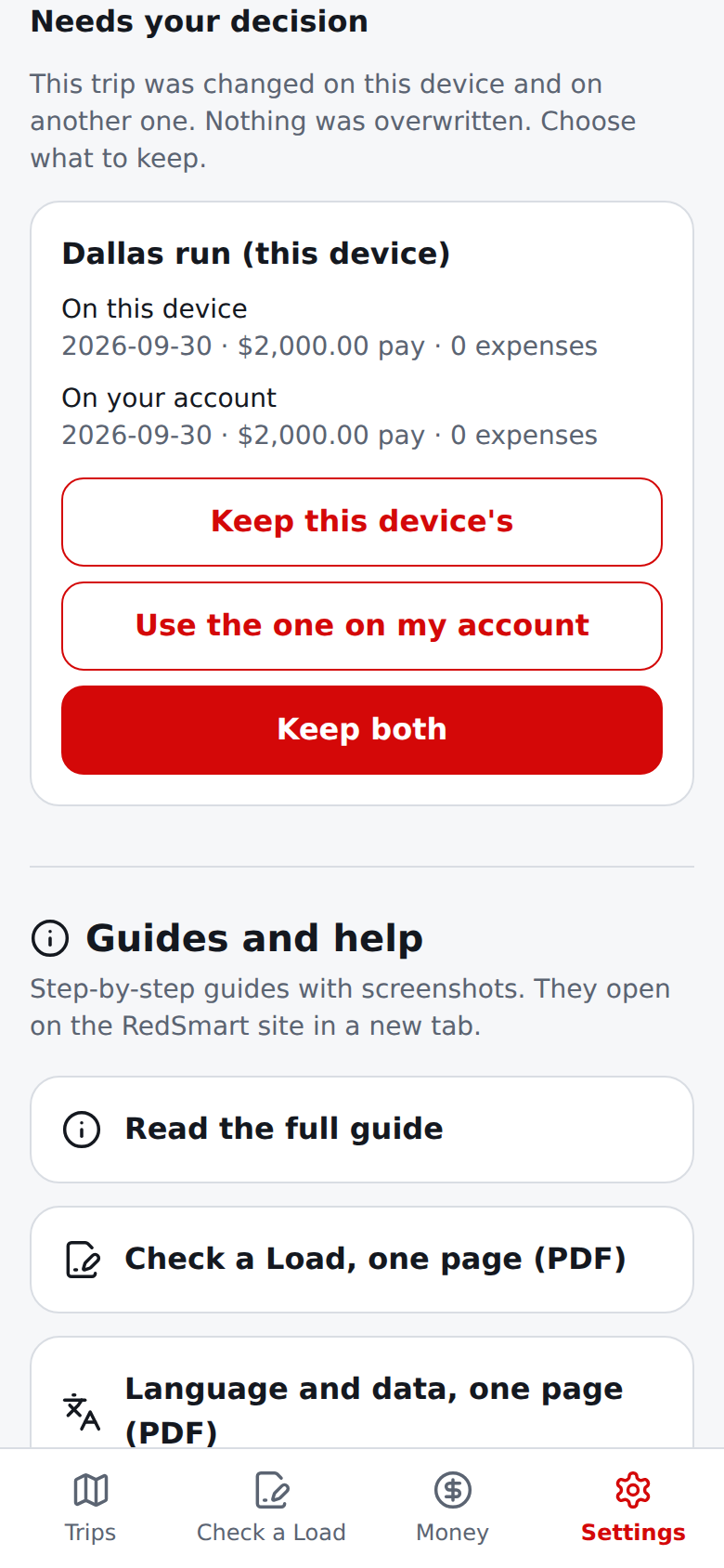 Current English Settings page showing a trip changed on this device and on another one, with the three choices