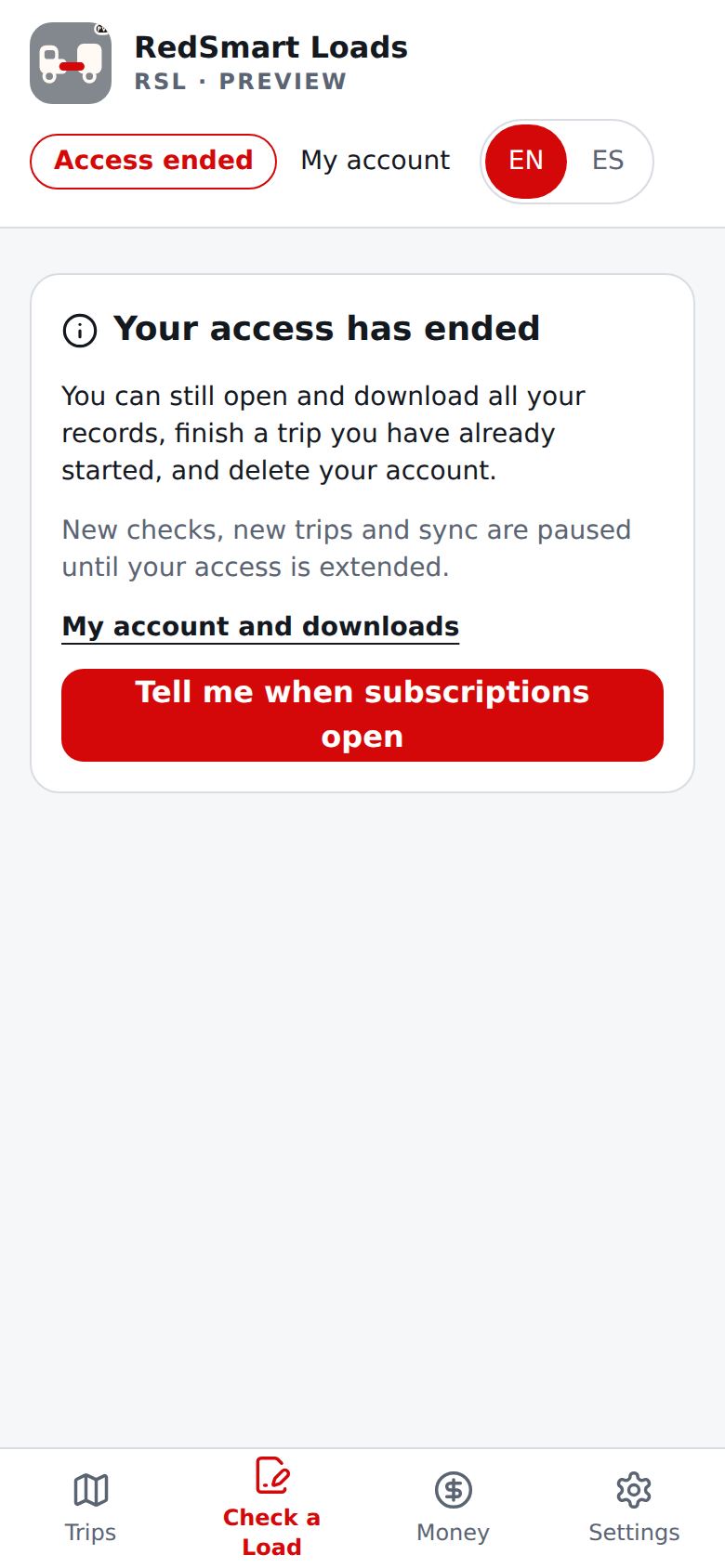 Current English Check a Load page when access has ended: what is paused, what is not, and Tell me when subscriptions open