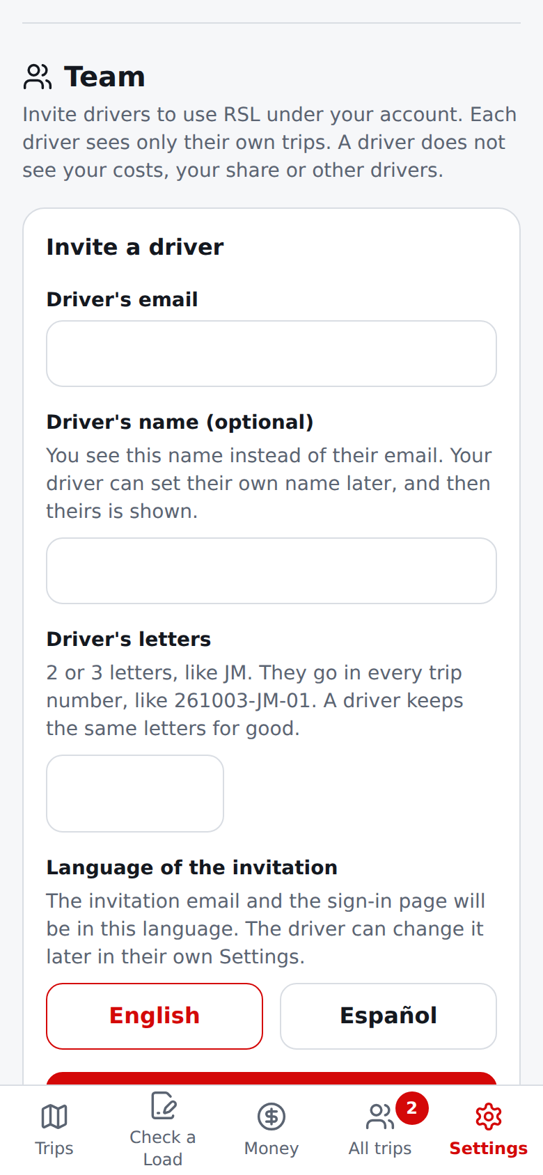 Current English Settings page: the owner's Team section with invite form, a driver and an invitation waiting