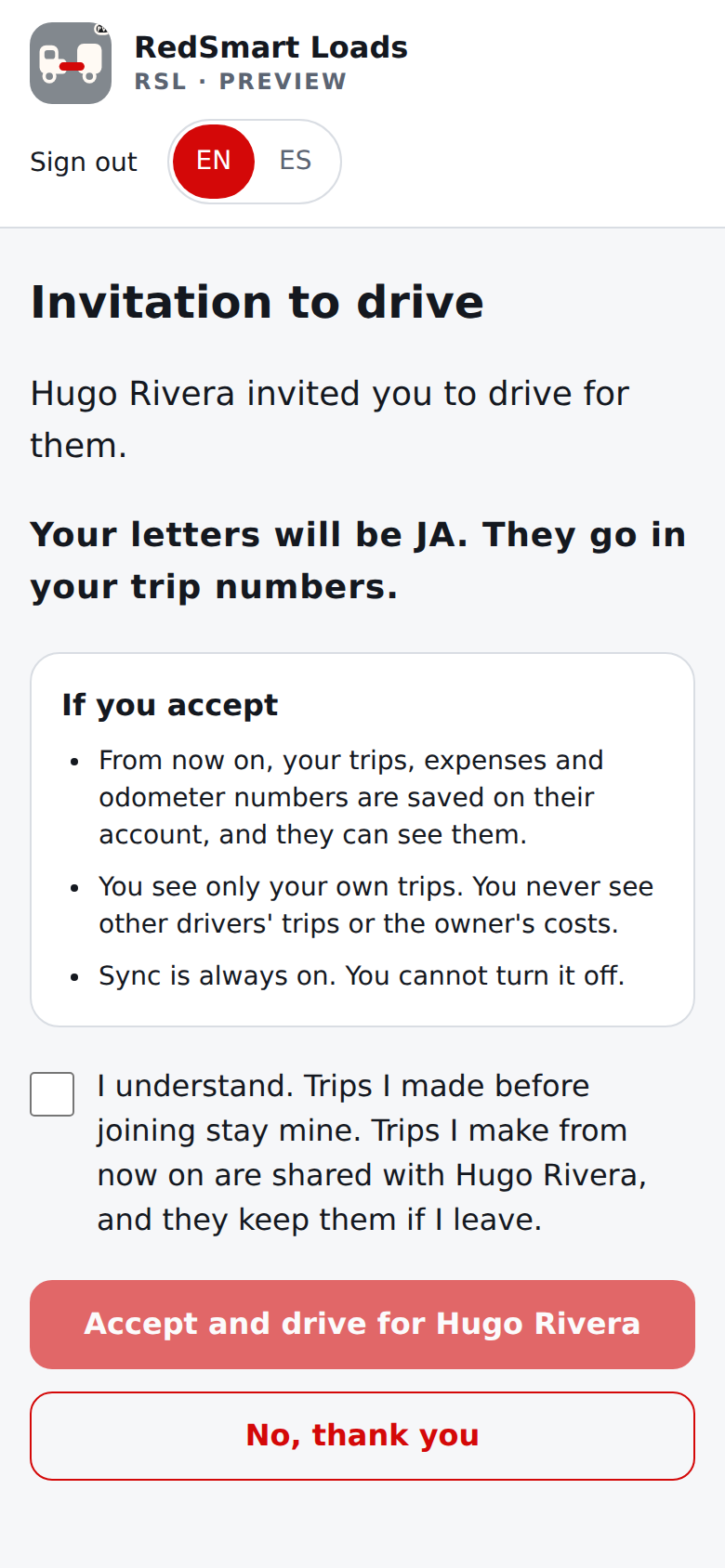 Current English invitation page: who invited you, your letters, what accepting means, Accept and No thank you