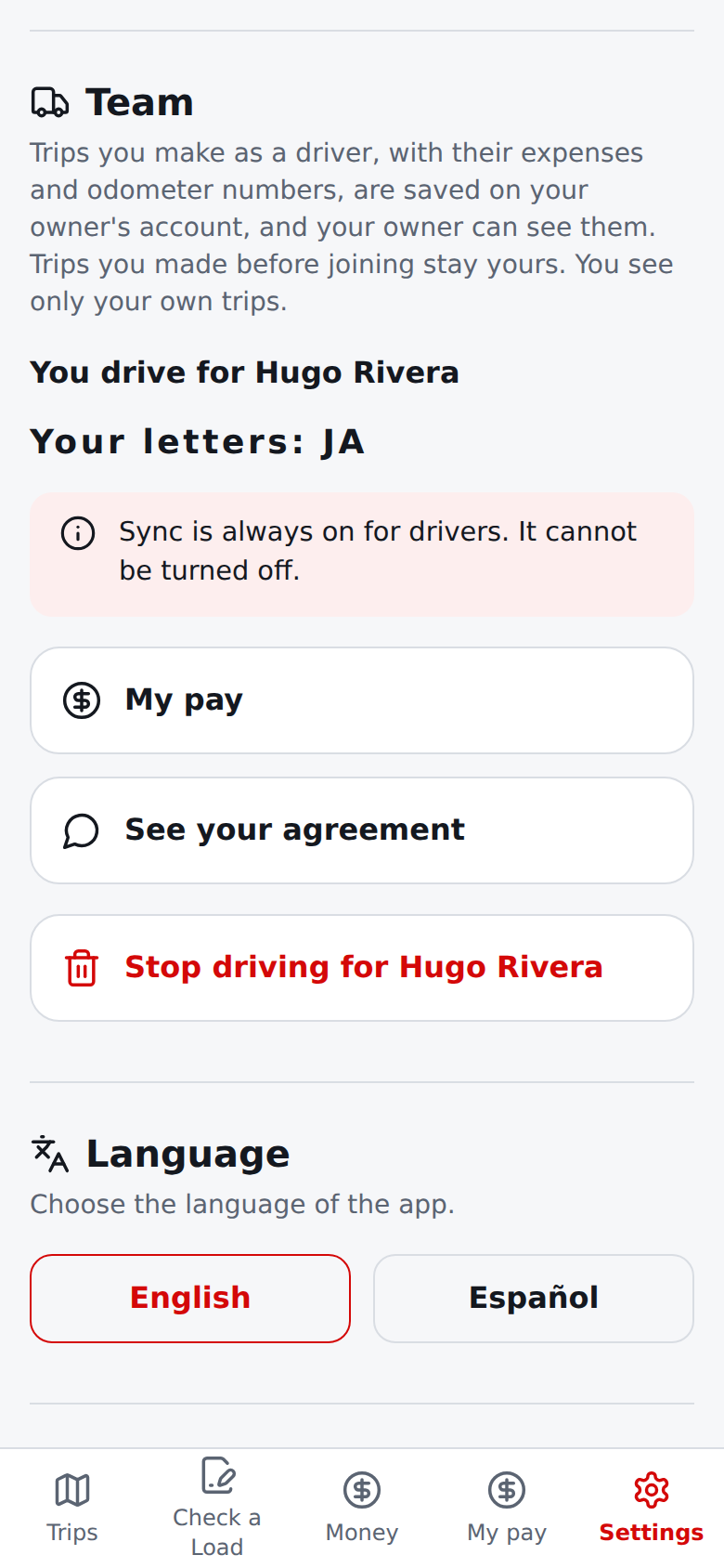 Current English Settings page for a driver: You drive for the owner, letters, sync always on, My pay, Stop driving