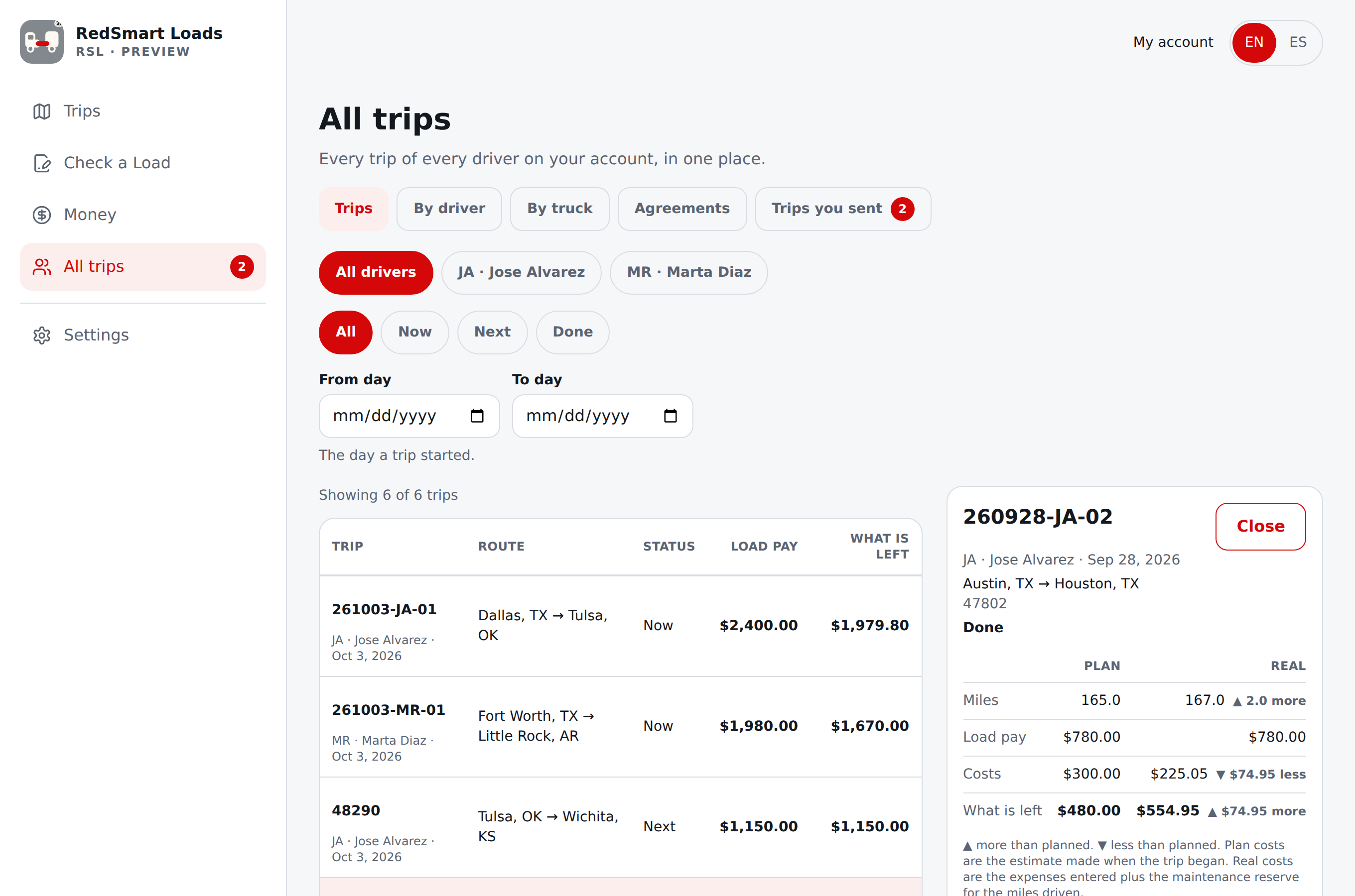 Current English All trips on a wide screen: filters, one table across drivers and one trip open with Plan beside Real