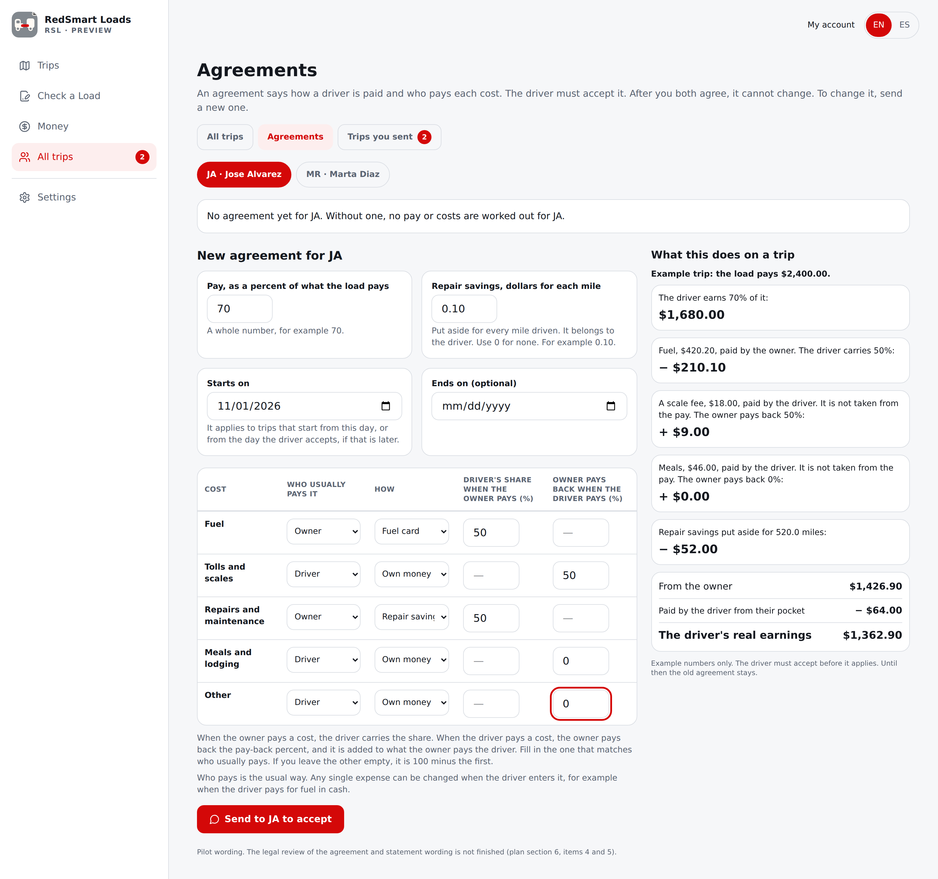 Current English Agreements on a wide screen: the form beside what it does on an example trip