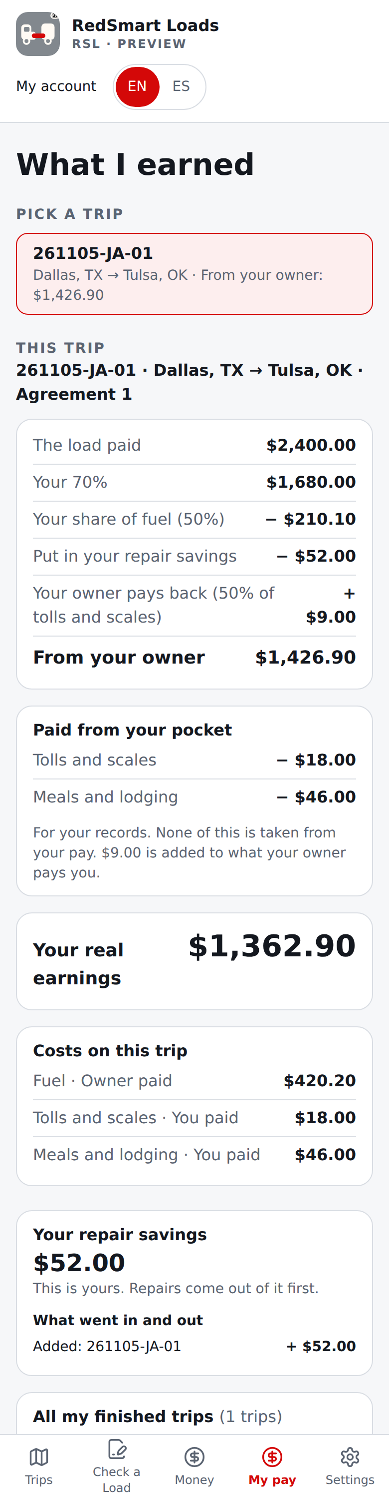 Current English What I earned, on a phone: From your owner, Paid from your pocket and Your real earnings