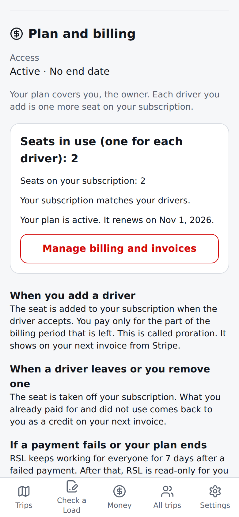 Current English My account page: the owner's Plan and billing section with seats in use, the plan, what happens when you add or remove a driver