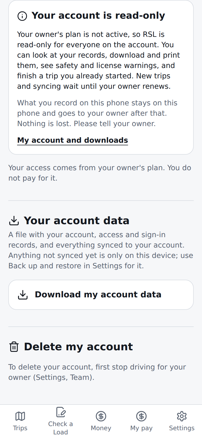 Current English driver's read-only card: your owner's plan is not active, nothing is lost