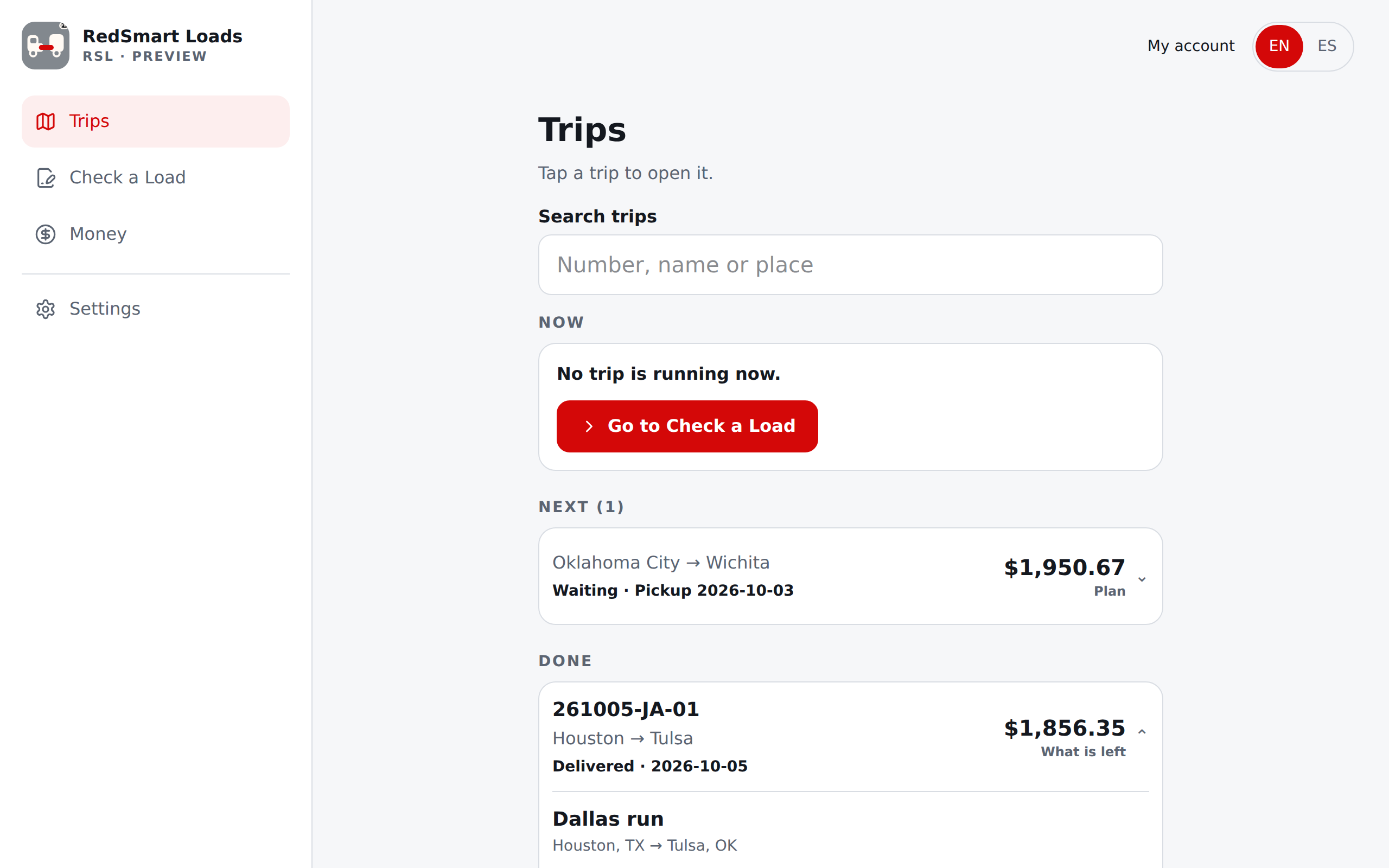 Current English Trips on a wide screen: one centred column beside the sidebar