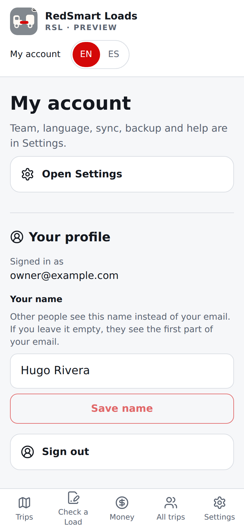 Current English My account page: Your profile, Plan and billing, and the rest of the account only
