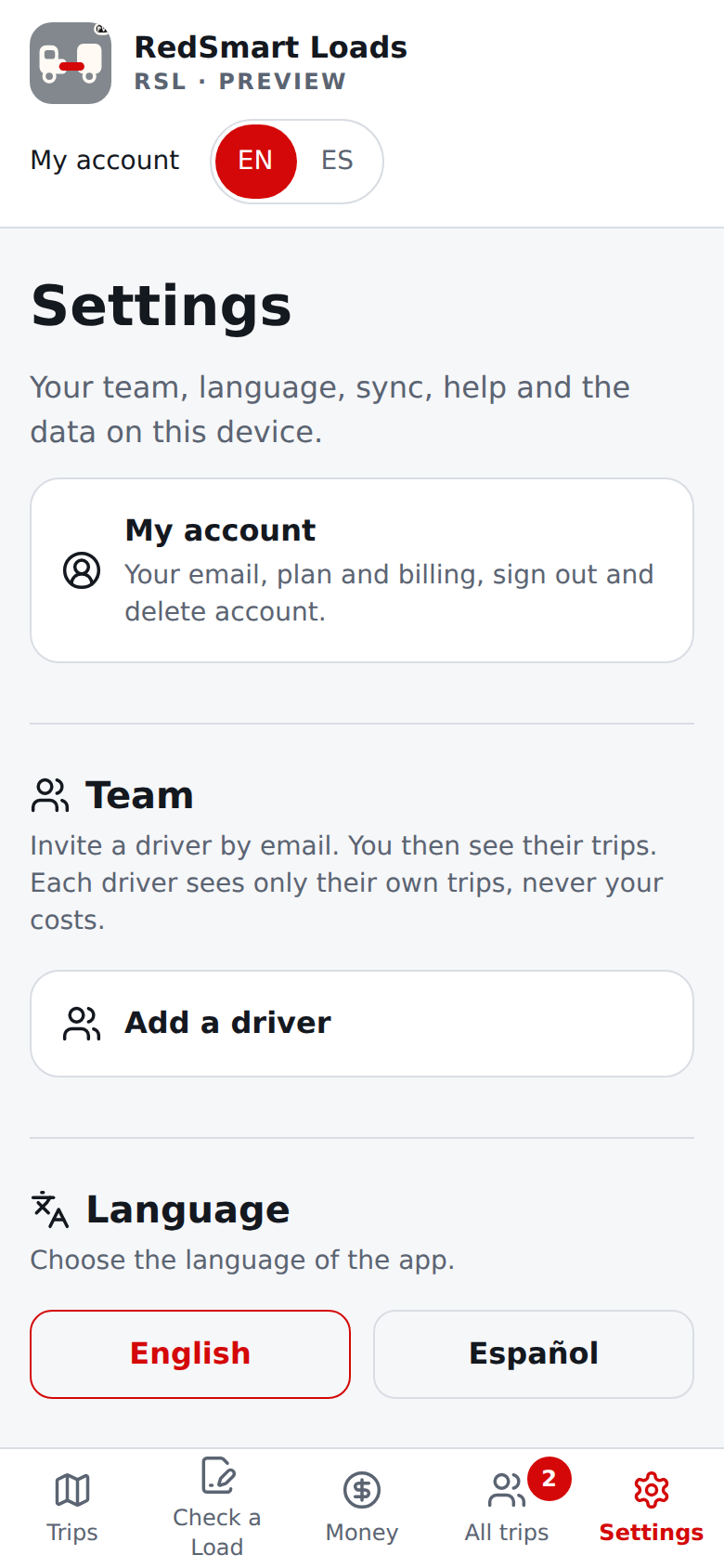 Current English Settings page for a person with no driver yet: Team first, with one Add a driver entry