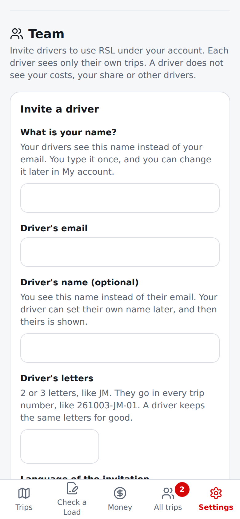 Current English Add a driver opened: the invitation form