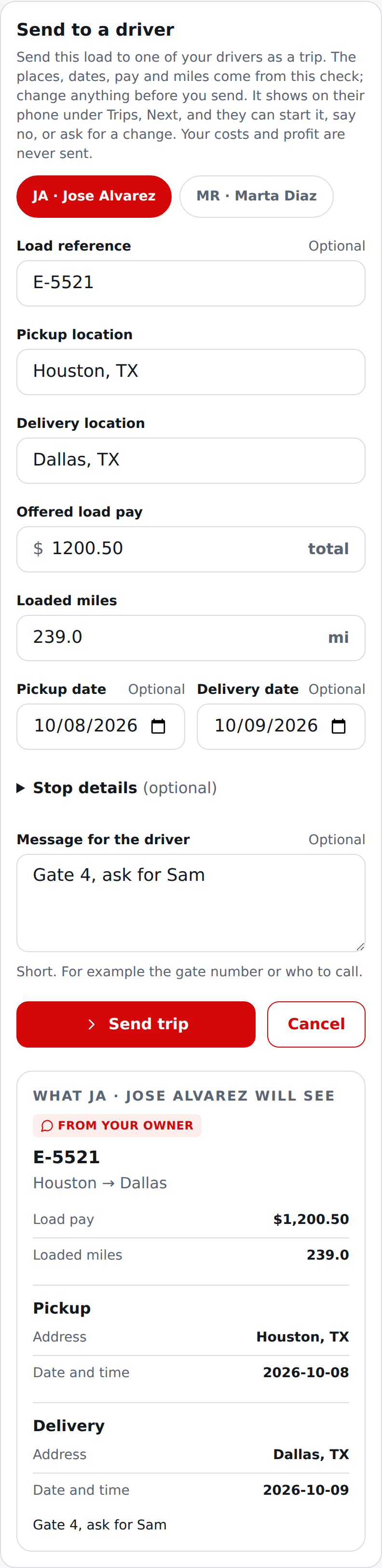 Current English Send to a driver on a wide screen: the same form with what the driver will see