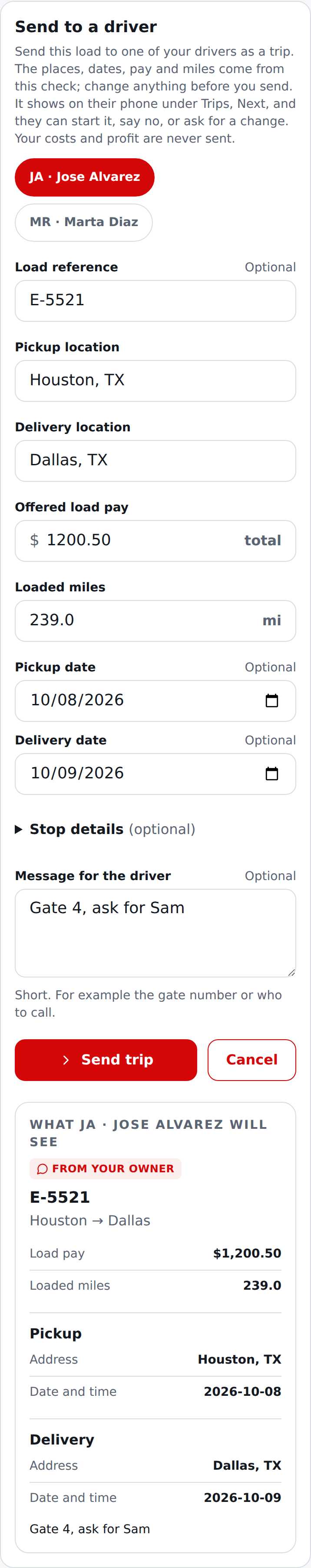 Current English Send to a driver at the end of a load check, on a phone: the form filled in from the check
