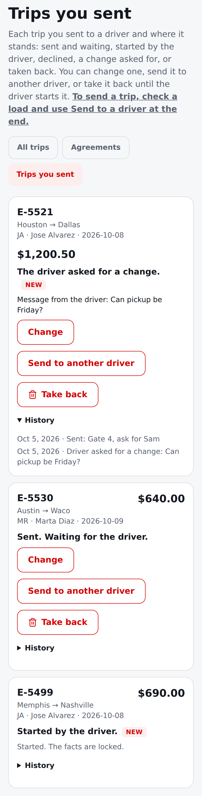 Current English Trips you sent: a change asked for with the driver's message and history, a trip waiting, and a started trip