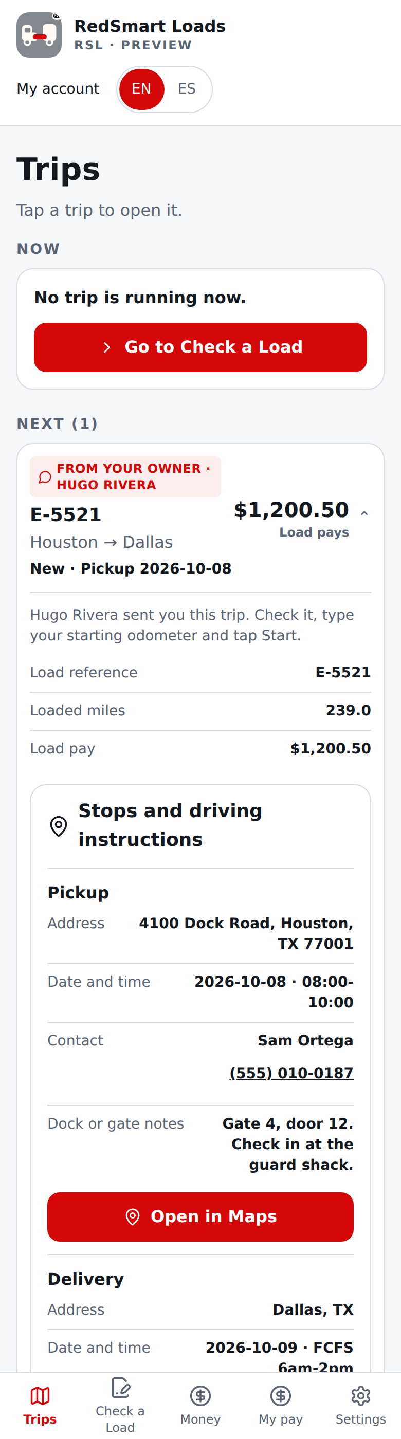 Current English a trip from your owner in Trips, Next: every fact, the odometer, Start this trip, Decline and Ask for a change