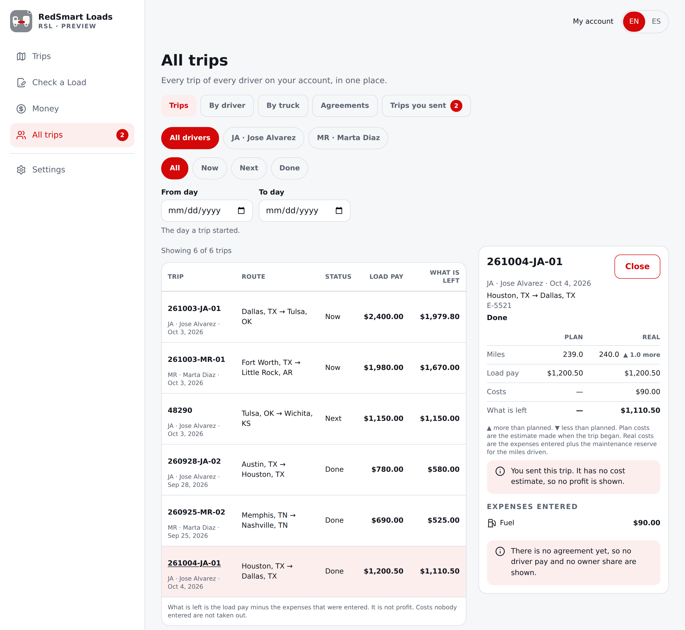 Current English All trips: a trip you sent, opened, with a dash instead of a plan cost and a note