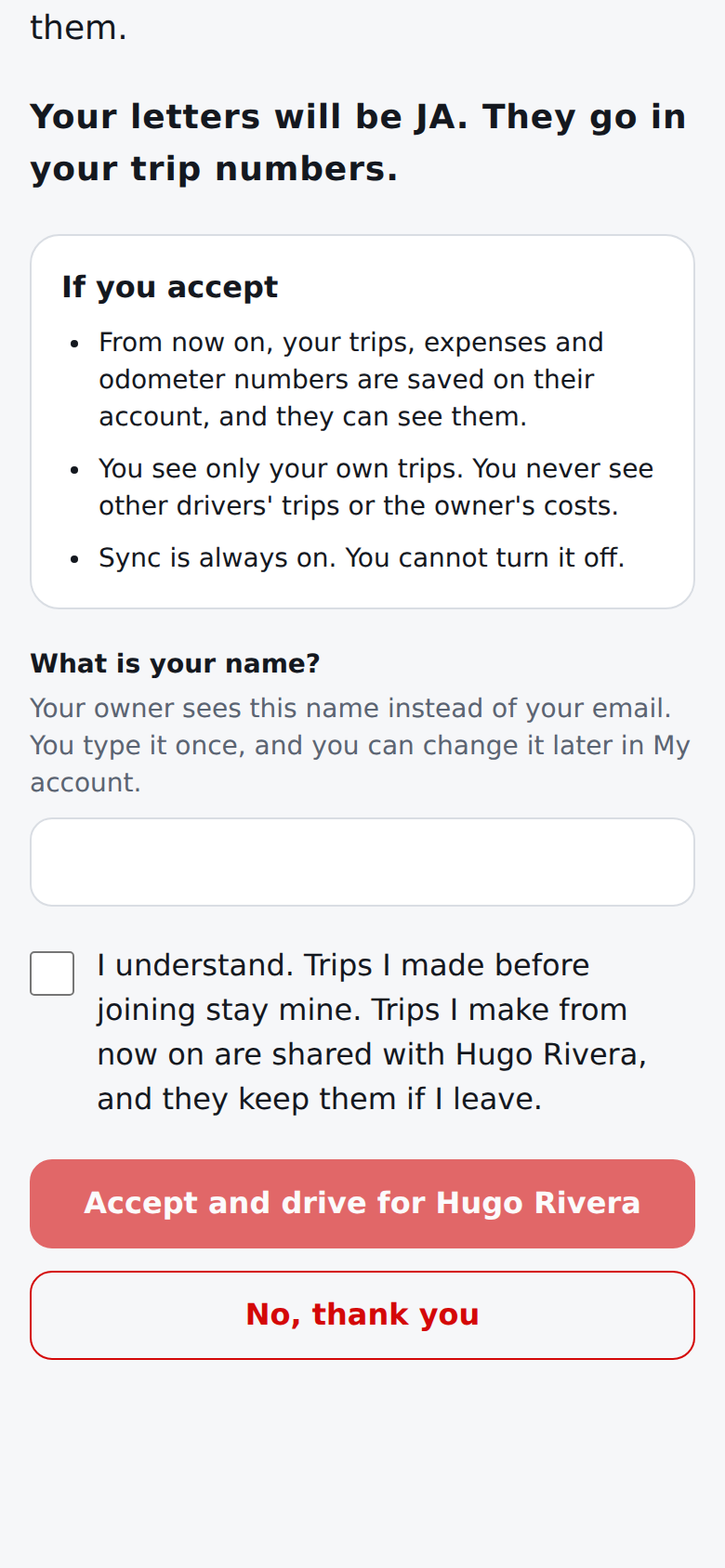 Current English invitation page for a driver with no name yet: What is your name? above the confirmation