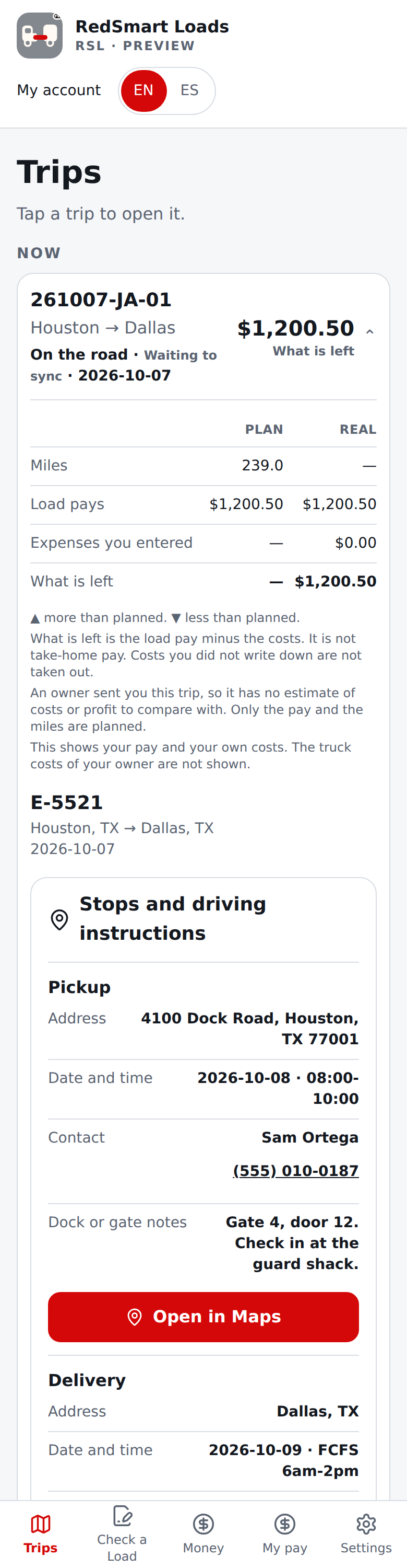 Current English a started trip from your owner: Plan and Real with a dash for costs and what is left, and the note that there is no estimate