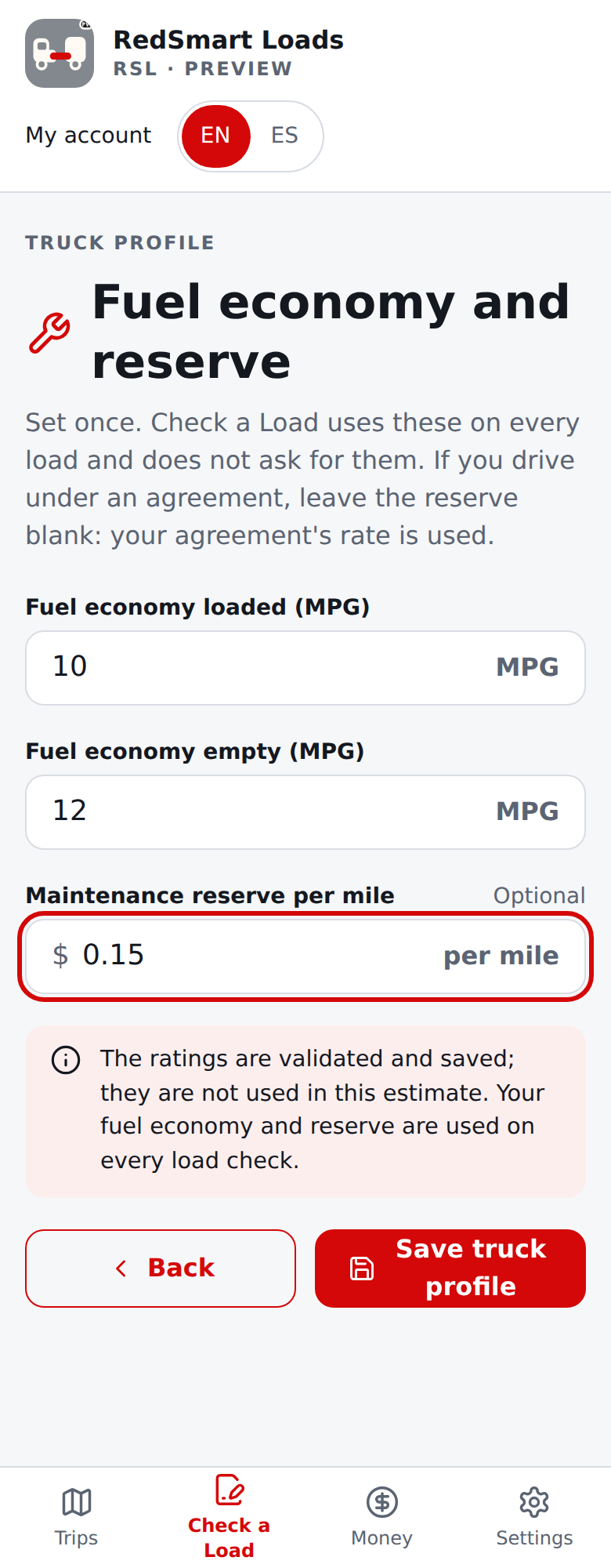 Current English truck profile, third step: fuel economy loaded and empty and the maintenance reserve per mile
