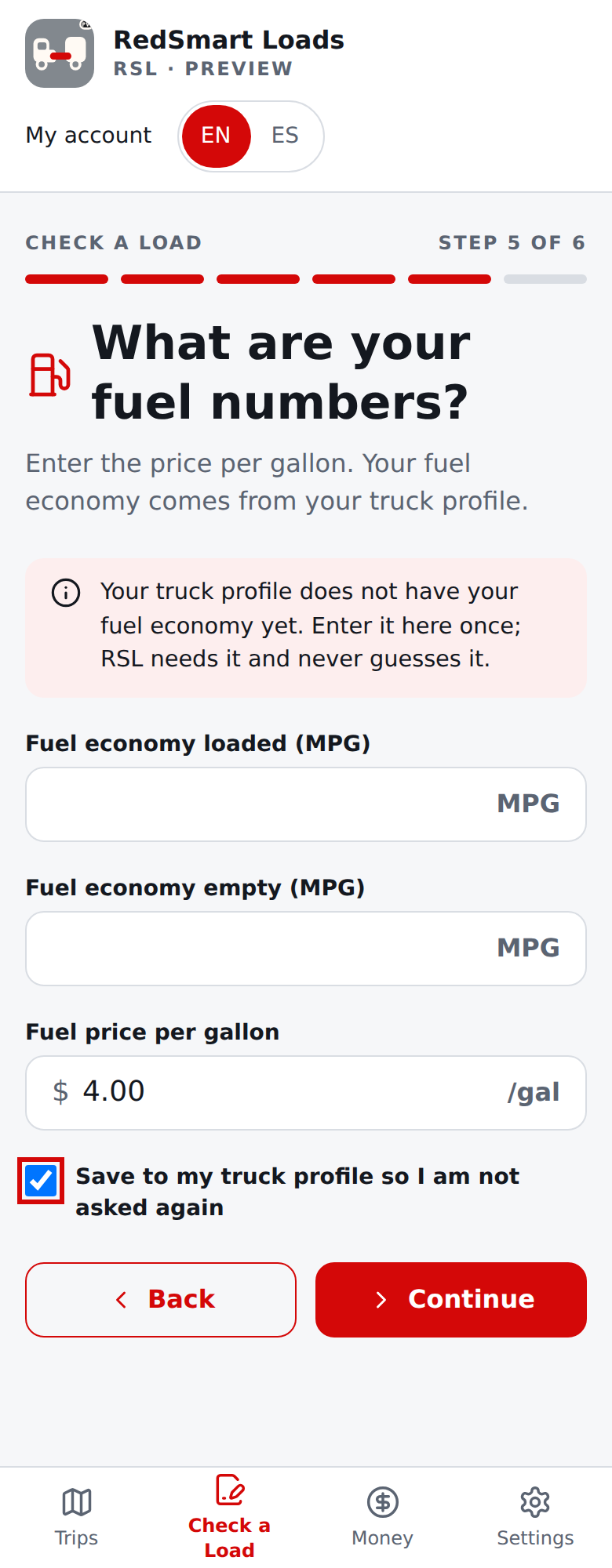 Current English fuel question for a truck profile with no fuel economy yet: asked once, with the reason and the box to save it to the truck profile