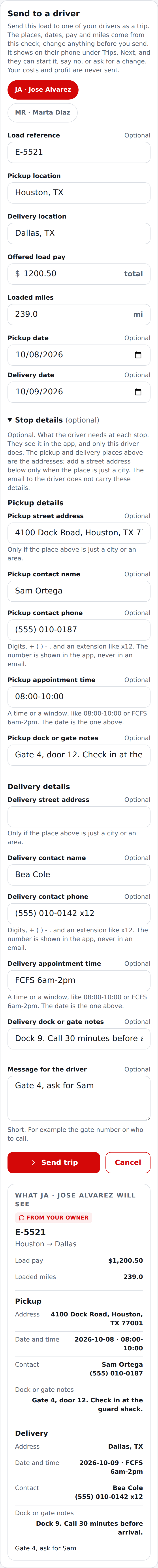 Current English the Stop details opened and filled in for the pickup and the delivery, with what the driver will see