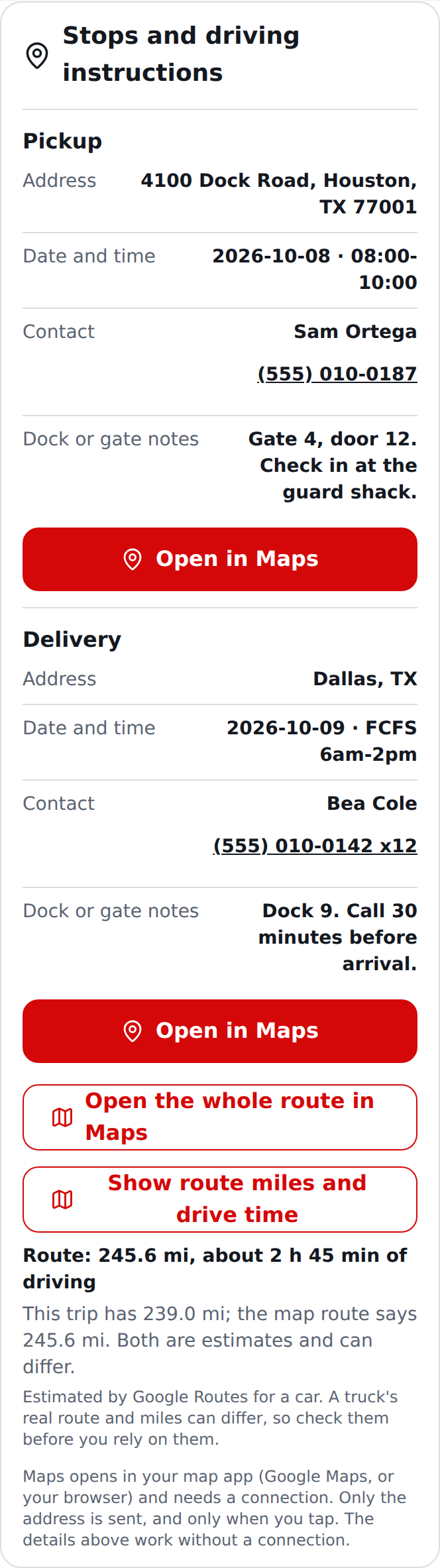 Current English the Stops and driving instructions section: address, date and time, contact with a phone to call, notes, Open in Maps for each stop, the whole route, and the route's miles and drive time