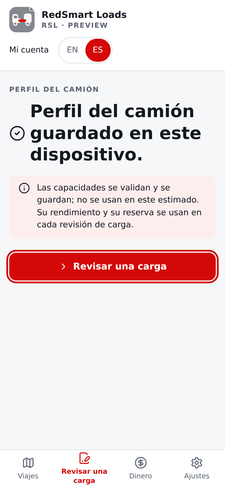 Confirmación actual del perfil del camión en español
