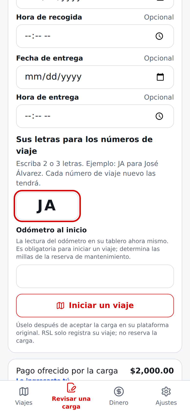 Primer inicio de viaje en español pidiendo sus letras para los números de viaje