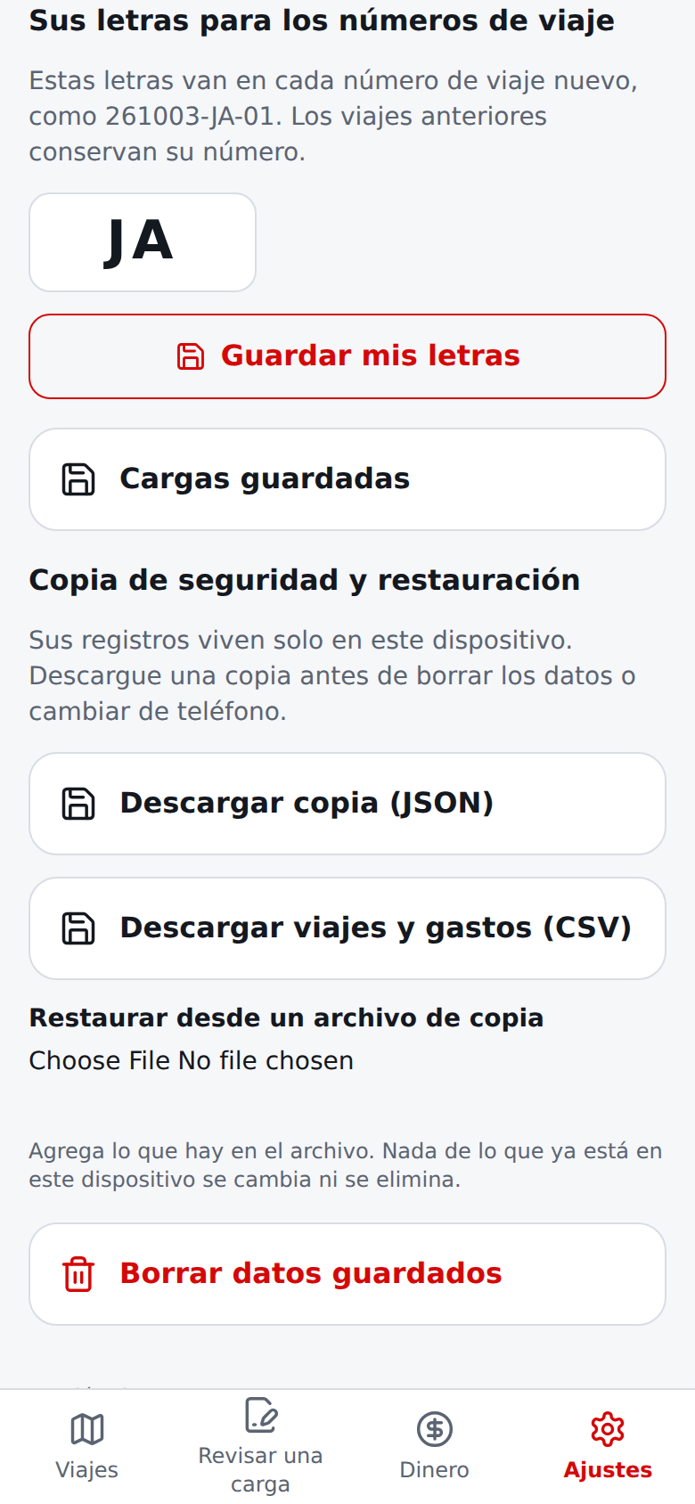 Pantalla Ajustes en español con Sus letras para los números de viaje