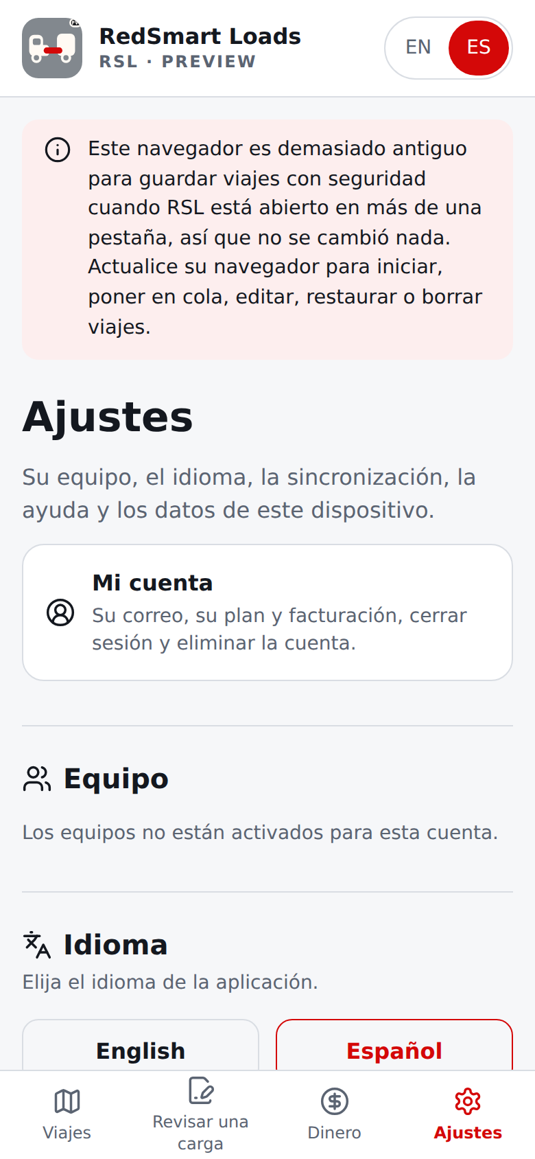 Pantalla Ajustes actual en español en un navegador sin Web Locks: un aviso bajo el encabezado dice que los viajes no se pueden cambiar con seguridad