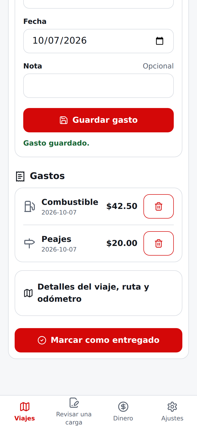 Viajes actual en español: el viaje en camino está abierto con Plan junto a Real y dos gastos ficticios