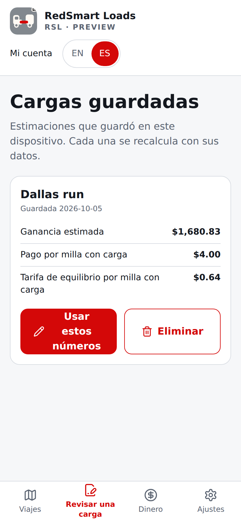 Cargas guardadas actuales en español con una revisión ficticia