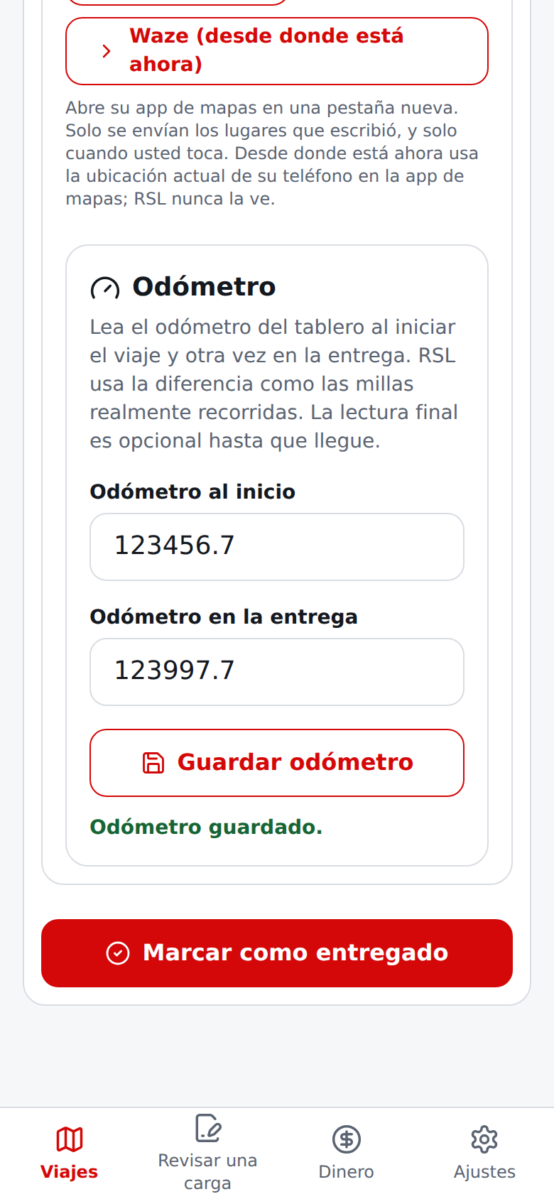 Odómetro actual en español con lecturas ficticias