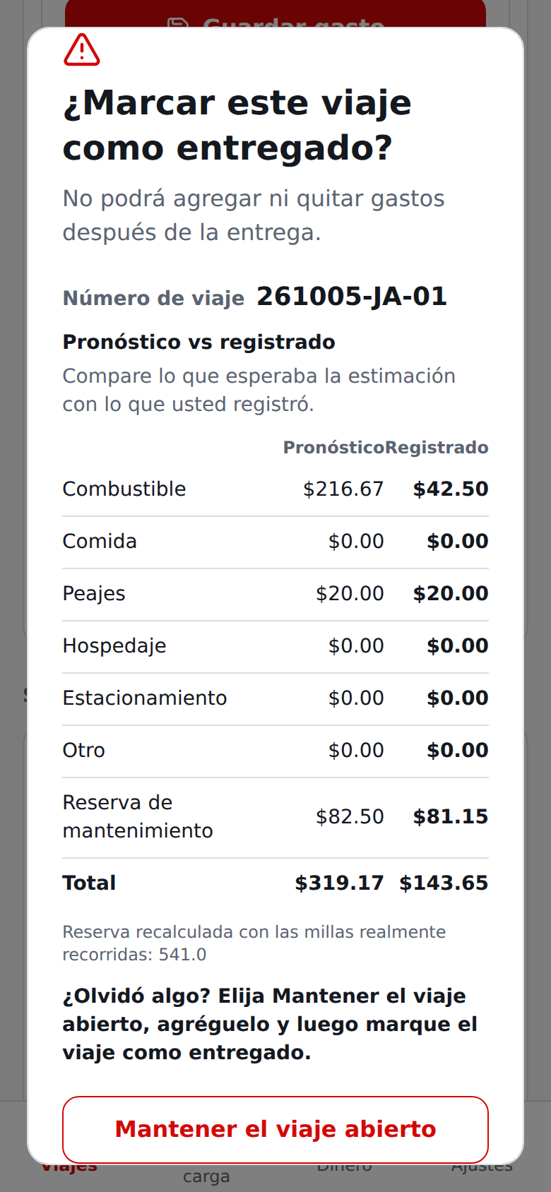 Revisión actual en español de pronóstico vs registrado antes de cerrar un viaje