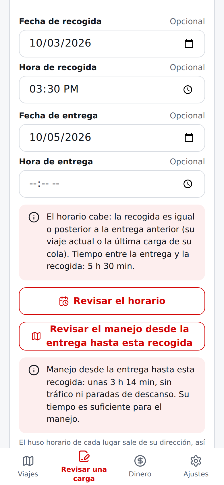 Estimación actual en español con revisión de horario de una carga en cola