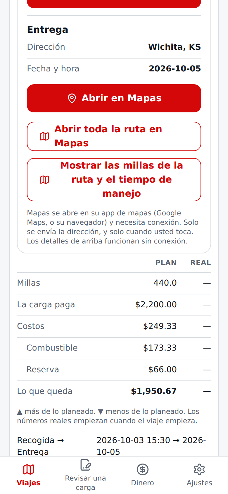 Viajes en español: una carga en Siguientes, abierta, con su revisión de horario e Iniciar este viaje