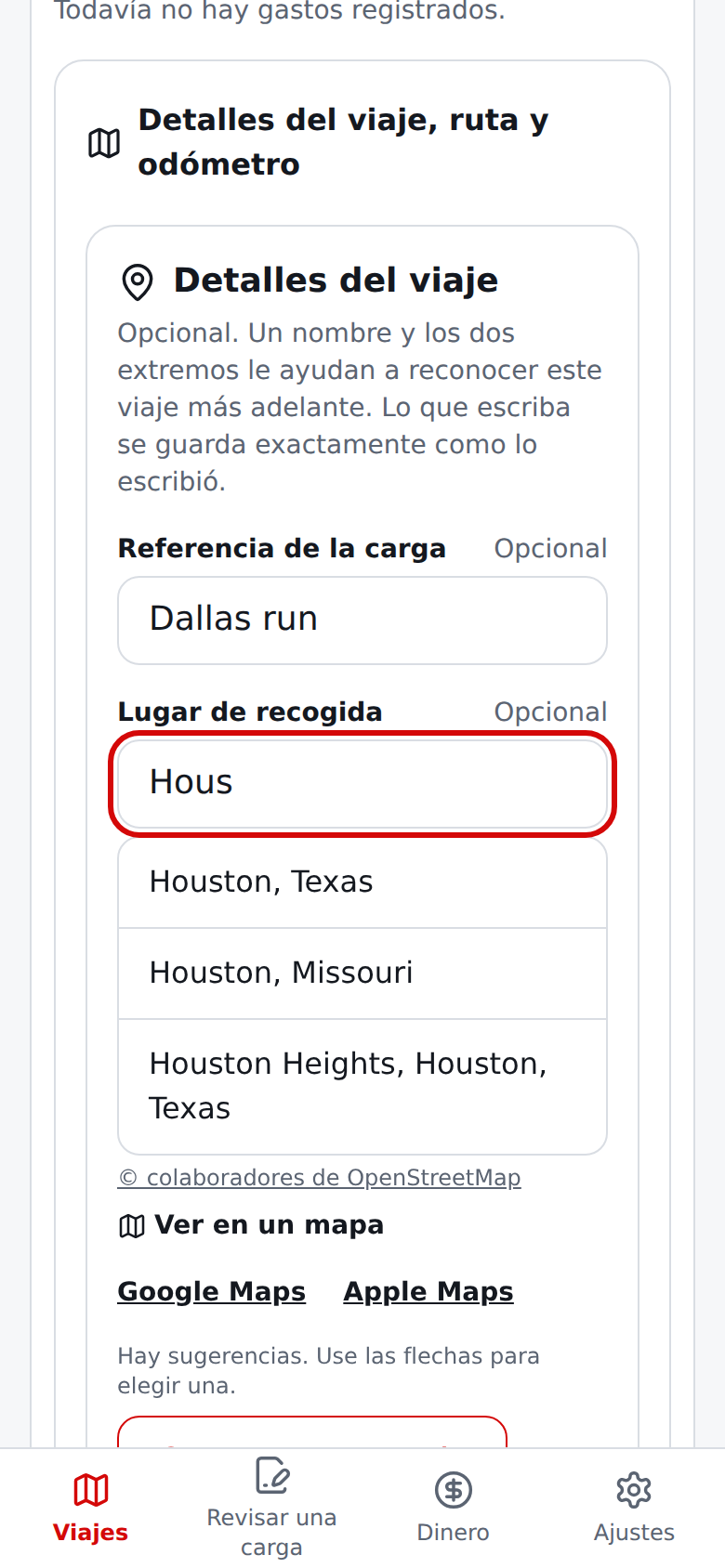 Detalles del viaje actuales en español con sugerencias de lugares al escribir un lugar de recogida