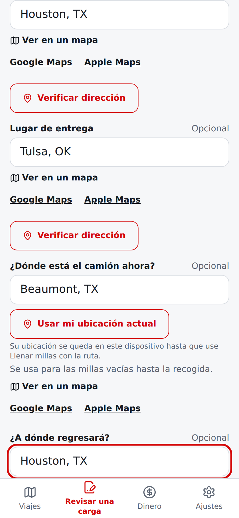 Pregunta actual en español sobre dónde está la carga, con enlaces de mapas